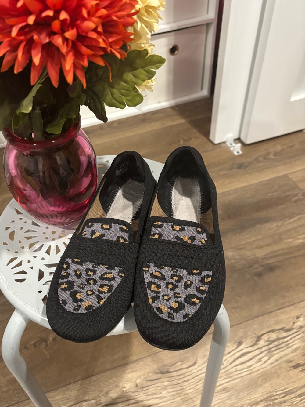 Womans Black Slip-On Shoes with Leopard Print Accent